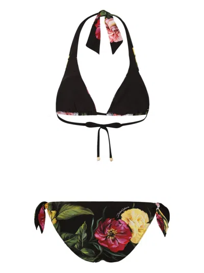 Dolce & Gabbana Black Floral-print Bikini Set In Black