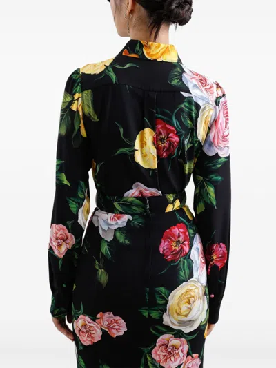 Dolce & Gabbana Multicolor Shirt With Oversize Pointed Collar And All-over Floral Motif In Silk Stretch Woman In Black