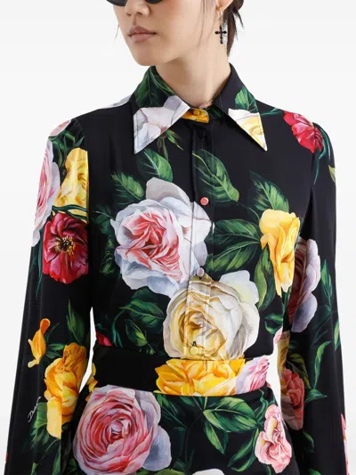 Dolce & Gabbana Multicolor Shirt With Oversize Pointed Collar And All-over Floral Motif In Silk Stretch Woman In Black