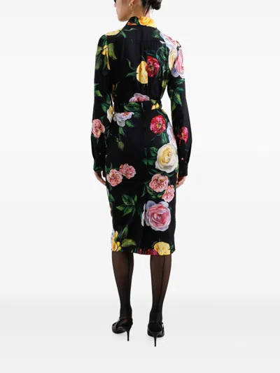 Dolce & Gabbana Multicolor Shirt With Oversize Pointed Collar And All-over Floral Motif In Silk Stretch Woman In Black