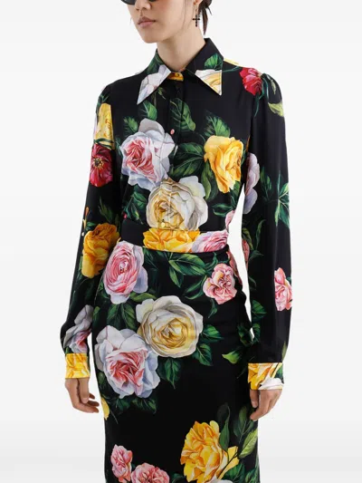 Dolce & Gabbana Multicolor Shirt With Oversize Pointed Collar And All-over Floral Motif In Silk Stretch Woman In Black