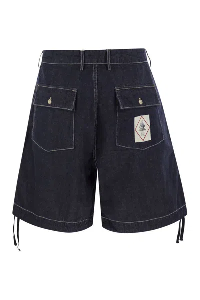 C.p. Company Cotton Denim Shorts With Concealed Button Fly In Navy