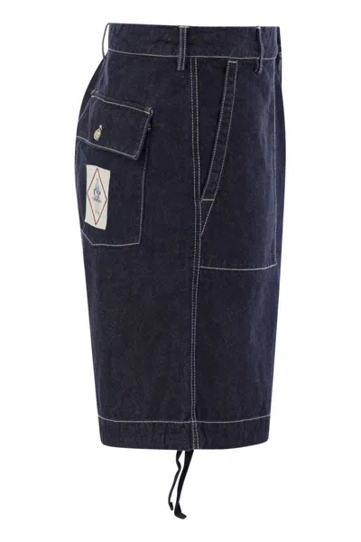 C.p. Company Cotton Denim Shorts With Concealed Button Fly In Navy