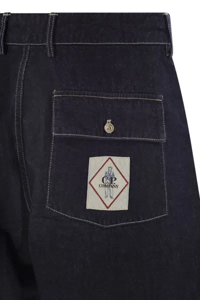 C.p. Company Cotton Denim Shorts With Concealed Button Fly In Navy