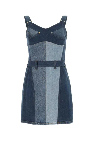 Marine Serre Patchwork Regenerated Stretch Denim Minidress In Blue