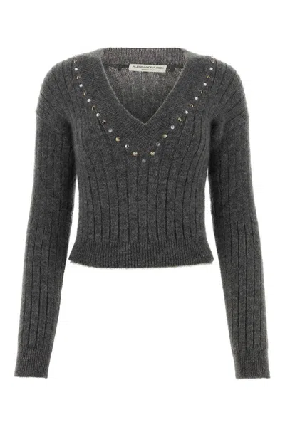 Alessandra Rich Wool Knit Sweater With Studs And Crystals In Greymelange