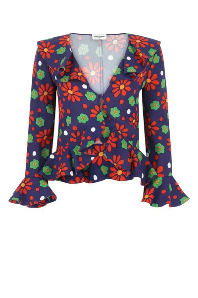 Saint Laurent Floral-print Ruffle Crop Top In 4368