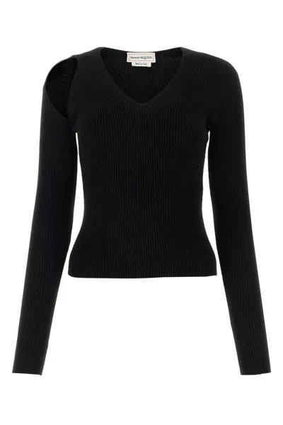 Alexander Mcqueen Cutout Ribbed Wool-blend Sweater In Black