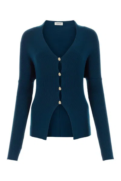 Lanvin Petrol Blue In Stretch Wool Blend Cardigan In Sapphire