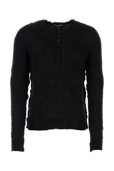 Dolce & Gabbana Grandad Neck Top In Virgin Wool In Black