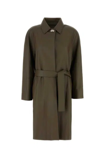 Fendi Leather Trench Coat With Belt And Collar In Green