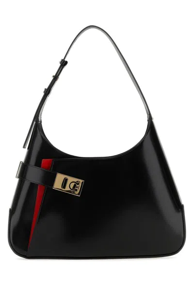 Ferragamo Black Leather Large Arch Shoulder Bag In Blackflamered