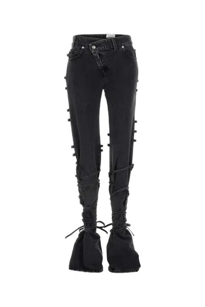 Alexander Mcqueen Flared Jeans With Unique Lace-up Detailing And High-quality Cotton Fabric In Blackstonewashed