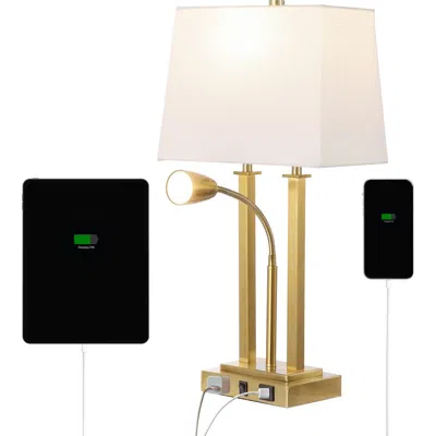 Jonathan Y Blaire 23.75" 2-light Modern Farmhouse Metal Led Table Lamp With Usb Charging Port In Brass Gold