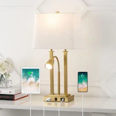 Jonathan Y Blaire 23.75" 2-light Modern Farmhouse Metal Led Table Lamp With Usb Charging Port In Brass Gold