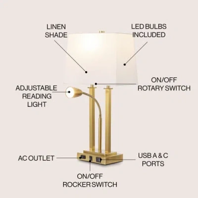 Jonathan Y Blaire 23.75" 2-light Modern Farmhouse Metal Led Table Lamp With Usb Charging Port In Brass Gold