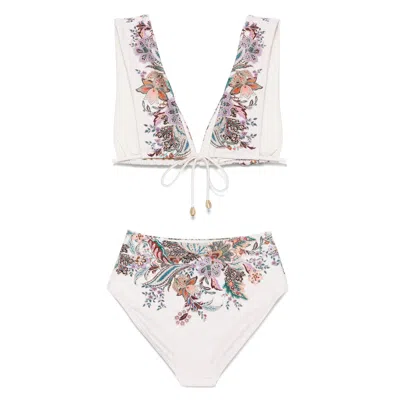 Zimmermann Rhiannon Wide Shoulder Bikini Set In Cream Multi Paisley
