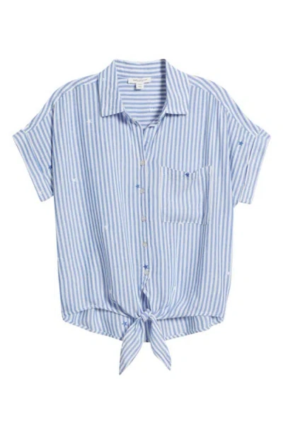 Beachlunchlounge Rosie Embroidered Tie Front Short Sleeve Button-up Shirt In Half Moon Bay