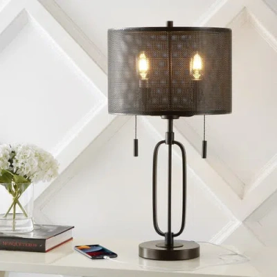 Jonathan Y Hank 27" 2-light Industrial Farmhouse Iron Led Table Lamp With Usb Charging Port, Oil Rub In Oil Rubbed Bronze