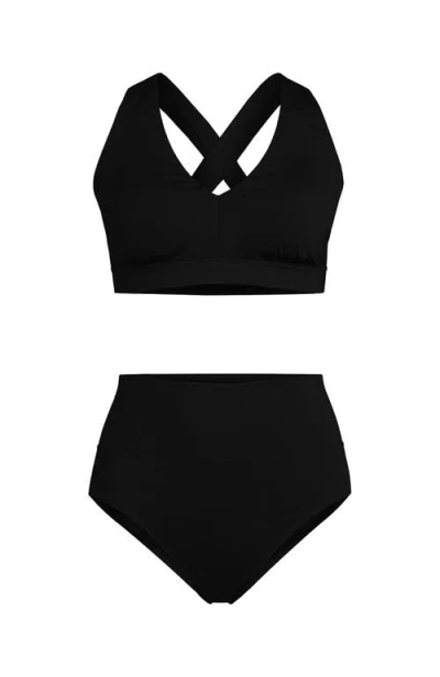 Lands' End Plus Size V-neck Tankini And High Waisted Bottom Swimsuit Set In Black
