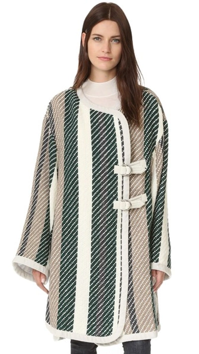 See By Chloé Leather-trimmed Striped Jacquard-knit Coat In Green
