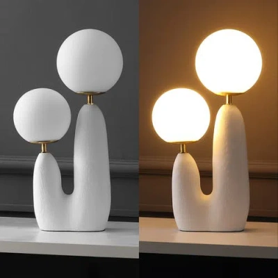 Jonathan Y Oda 17.75" 2-light Modern Bohemian Resin/iron/frosted Glass Danish Cactus Led Table Lamp In White/brass Gold