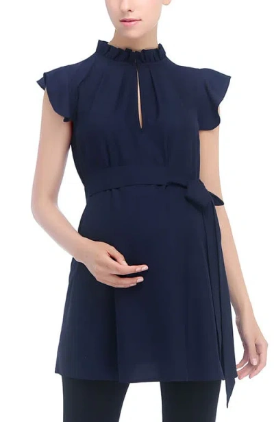 Kimi & Kai Karlena Flutter Sleeve Belted Maternity Top In Navy