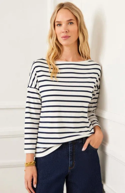 Karen Kane Stripe Boatneck Cotton Blend Top In Cream/navy