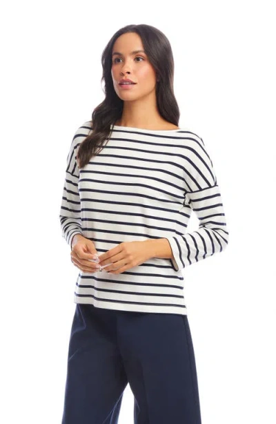 Karen Kane Stripe Boatneck Cotton Blend Top In Cream/navy