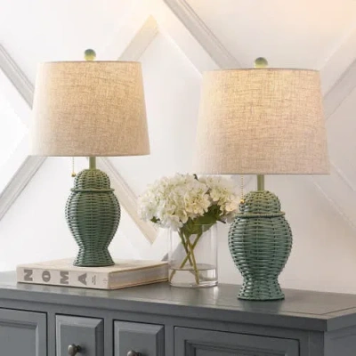 Jonathan Y Margie Wicker 20.5" Bohemian Rustic Iron Led Table Lamp In Green