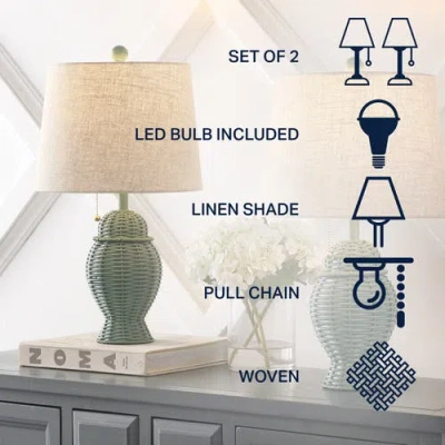 Jonathan Y Margie Wicker 20.5" Bohemian Rustic Iron Led Table Lamp In Green