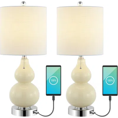 Jonathan Y Cora 22" Classic Vintage Glass Led Table Lamp With Usb Charging Port In Cream