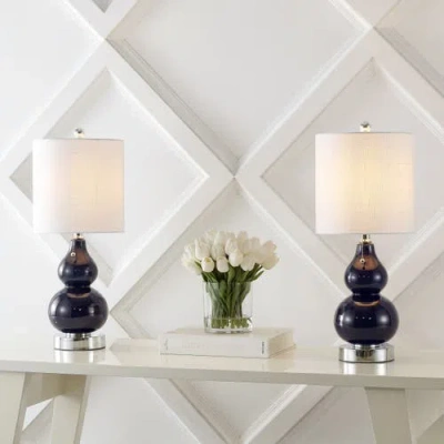 Jonathan Y Cora 22" Classic Vintage Glass Led Table Lamp With Usb Charging Port In Chrome/navy