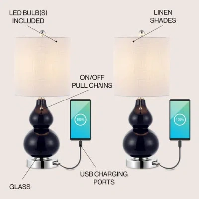 Jonathan Y Cora 22" Classic Vintage Glass Led Table Lamp With Usb Charging Port In Chrome/navy