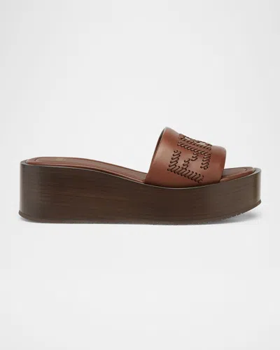 Fendi Women Brown Slides With Wedge Heel And Ff Motiv On The Band In Leather Man In F1stj Drk Ghianda Ghianda