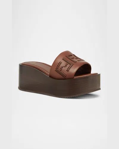Fendi Women Brown Slides With Wedge Heel And Ff Motiv On The Band In Leather Man In F1stj Drk Ghianda Ghianda