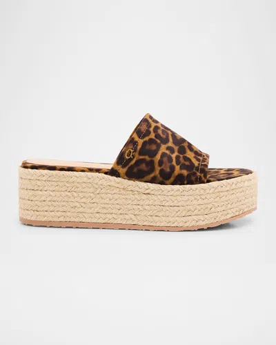 Gianvito Rossi Leopard Slide Flatform Espadrilles In Almond Leopard Print Naturale