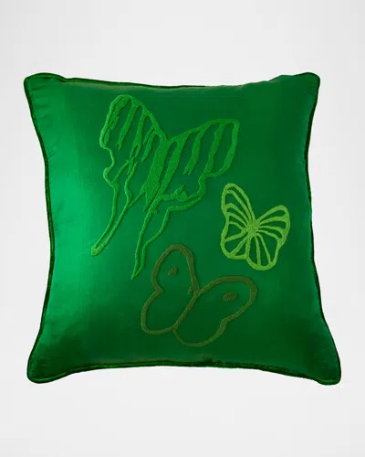 Hunt Slonem Hand-embroidered Silk Pillow With Velvet Back, 22" Square In Spring Green
