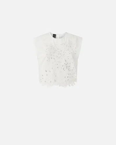 Pinko Crop Top With Openwork Embroidery And Crystals In White