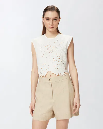 Pinko Crop Top With Openwork Embroidery And Crystals In White