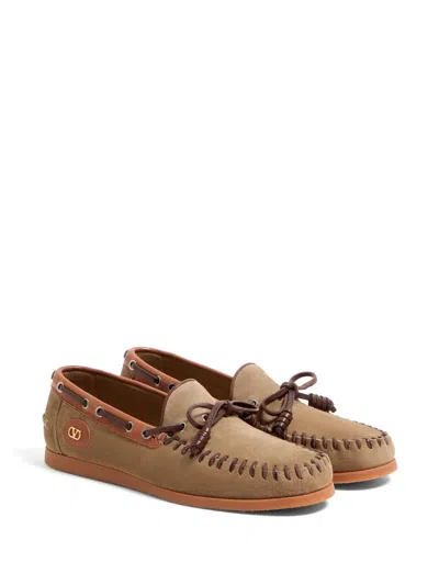 Valentino Garavani Palm Avenue Crust Leather Boat Shoes In Brown