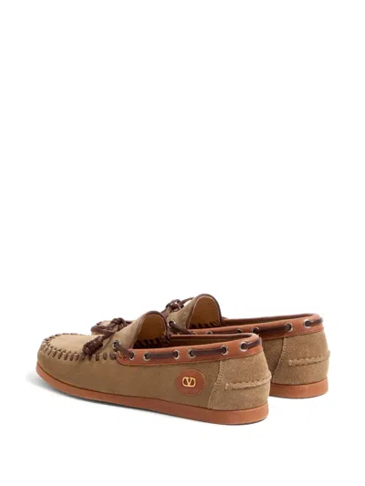 Valentino Garavani Palm Avenue Crust Leather Boat Shoes In Brown