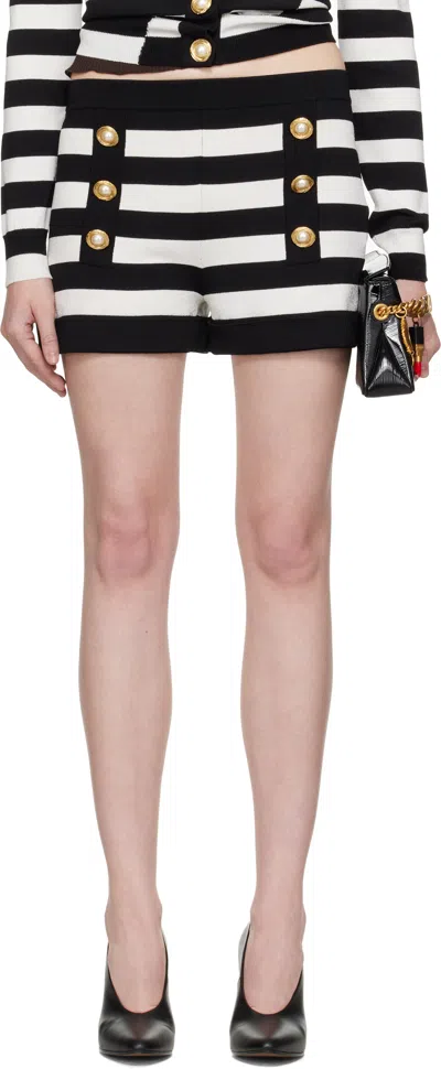 Balmain Faux Pearl-embellished Striped Knitted Shorts In Black