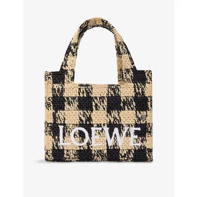 Loewe + Paula's Ibiza Mini Leather-trimmed Embroidered Gingham Raffia Tote In Natural/black