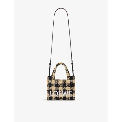 Loewe + Paula's Ibiza Mini Leather-trimmed Embroidered Gingham Raffia Tote In Natural/black