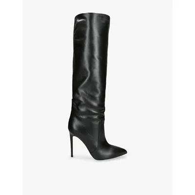 Paris Texas Arrow Toe Stiletto Boots In Black Leather In Animal Print