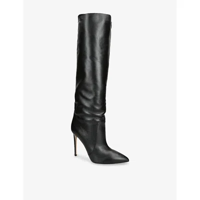 Paris Texas Arrow Toe Stiletto Boots In Black Leather In Animal Print