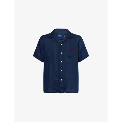 Polo Ralph Lauren Icon Logo Short Sleeve Revere Collar Linen Shirt Classic Oversized Fit In Newport Navy