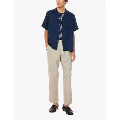 Polo Ralph Lauren Icon Logo Short Sleeve Revere Collar Linen Shirt Classic Oversized Fit In Newport Navy
