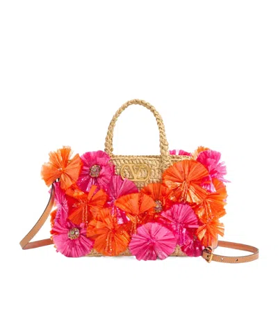 Valentino Embellished Raffia Vlogo Signature Shopping Bag In Natural/red